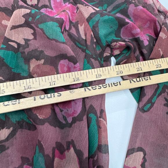 Free People Tunic Womens Small Purple Pink Floral Flume Smocked Wrap Sheer Boho - Picture 9 of 10